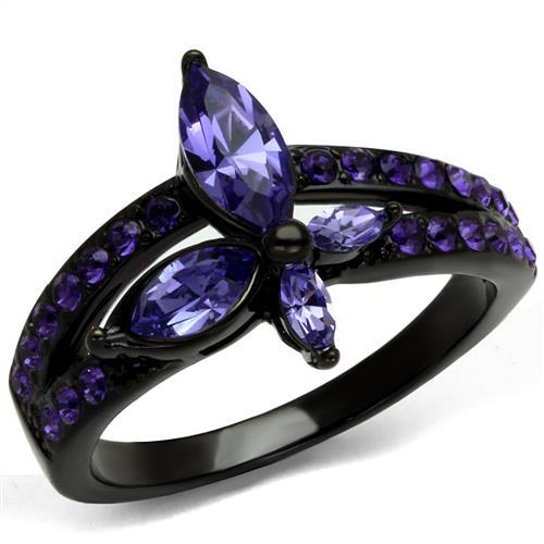 JCE2490 IP Black(Ion Plating) Stainless Steel Ring with Top Grade Crystal in Tanzanite