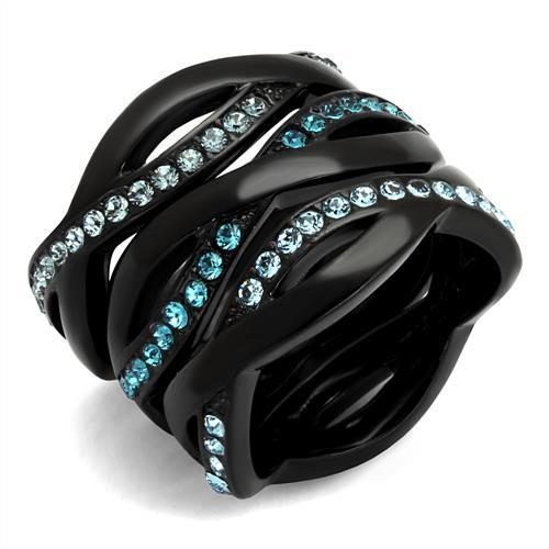JCE2492 IP Black(Ion Plating) Stainless Steel Ring with Top Grade Crystal in Sea Blue