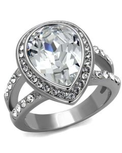 JCE2504 High polished (no plating) Stainless Steel Ring with Top Grade Crystal in Clear
