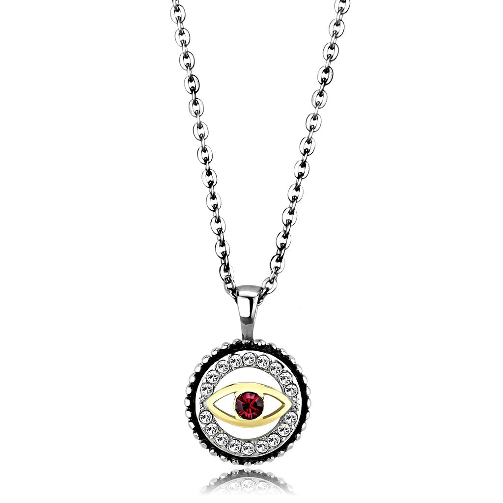 JCE2527 Two-Tone IP Gold (Ion Plating) Stainless Steel Chain Pendant with Top Grade Crystal in Garnet