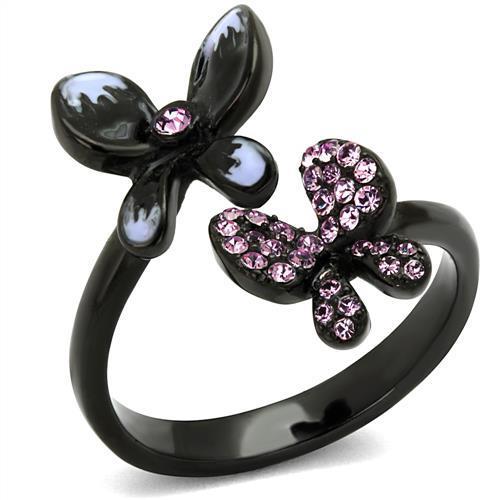 JCE2554 IP Black(Ion Plating) Stainless Steel Ring with Top Grade Crystal in Light Amethyst