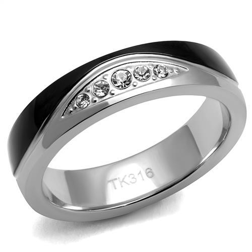 JCE2568 Two-Tone IP Black (Ion Plating) Stainless Steel Ring with Top Grade Crystal in Clear
