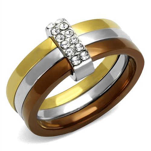 JCE2600 Three Tone IP+»-+-åIP Gold & IP Light coffee & High Polished) Stainless Steel Ring with Top Grade Crystal in Clear