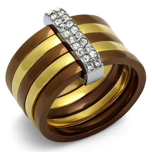 JCE2601 Three Tone IP+»-+-åIP Gold & IP Light coffee & High Polished) Stainless Steel Ring with Top Grade Crystal in Clear
