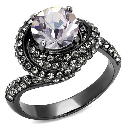 JCE2604 IP Light Black (IP Gun) Stainless Steel Ring with Top Grade Crystal in Light Amethyst