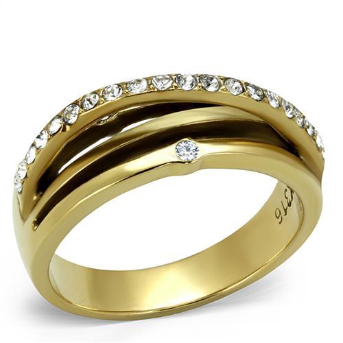 JCE2611 IP Gold(Ion Plating) Stainless Steel Ring with Top Grade Crystal in Clear