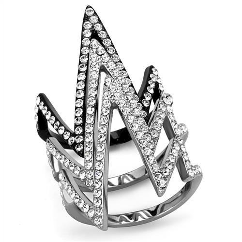 JCE2619 Two-Tone IP Black (Ion Plating) Stainless Steel Ring with Top Grade Crystal in Clear