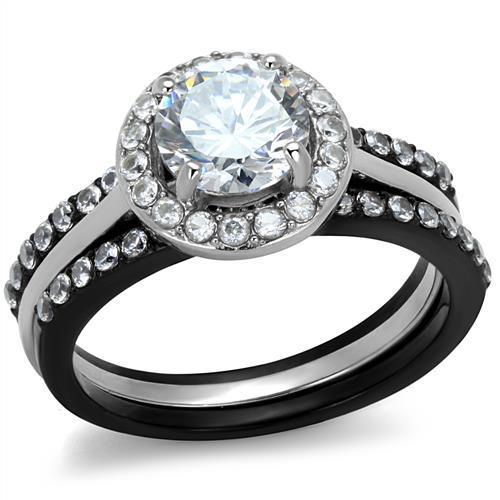 JCE2620 Two-Tone IP Black (Ion Plating) Stainless Steel Ring with AAA Grade CZ in Clear