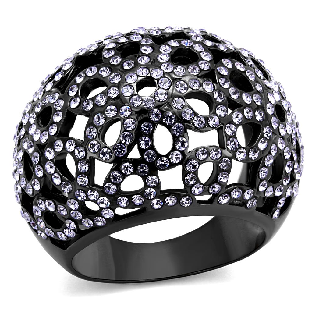 JCE2642 IP Light Black (IP Gun) Stainless Steel Ring with Top Grade Crystal in Tanzanite