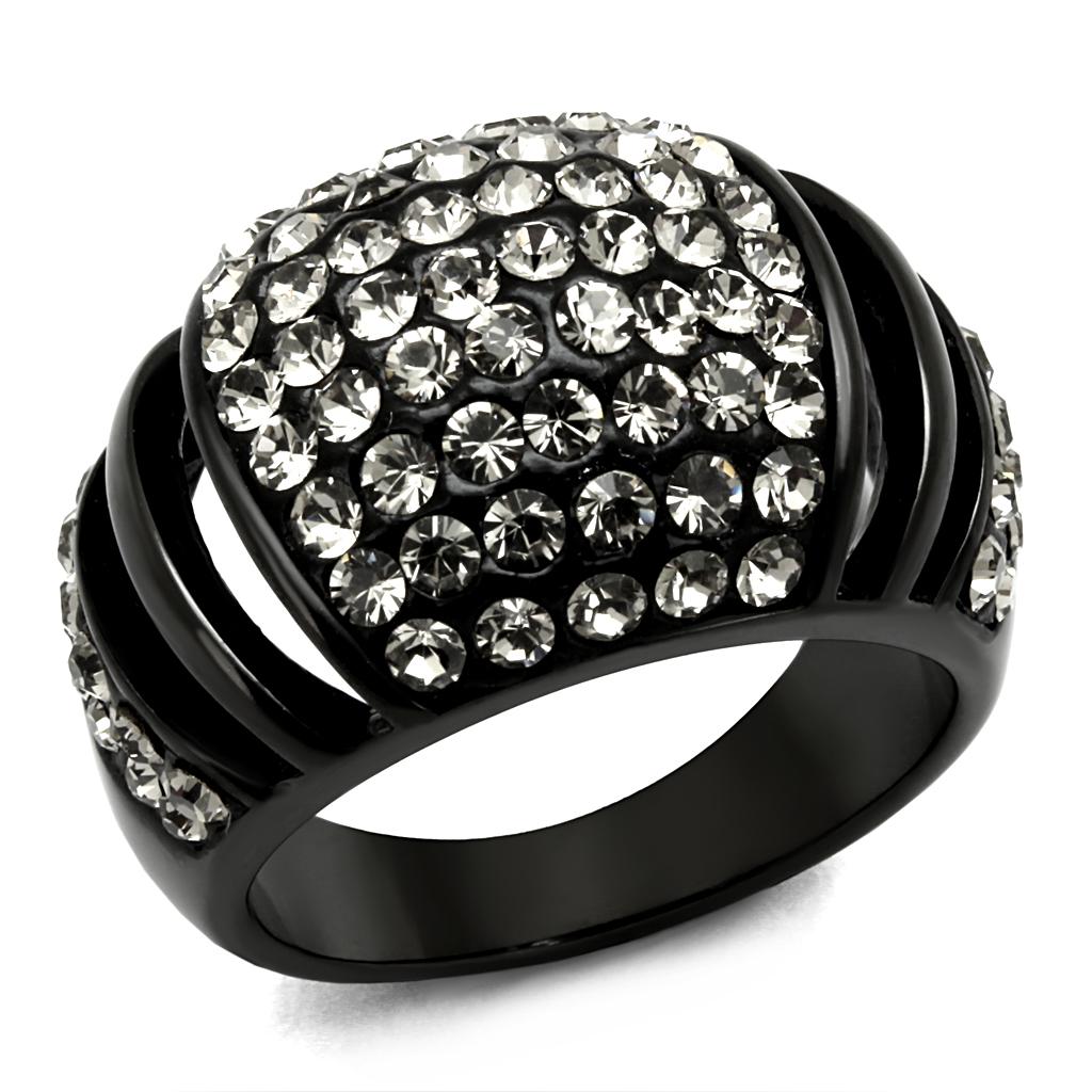 JCE2643 IP Black(Ion Plating) Stainless Steel Ring with Top Grade Crystal in Hematite