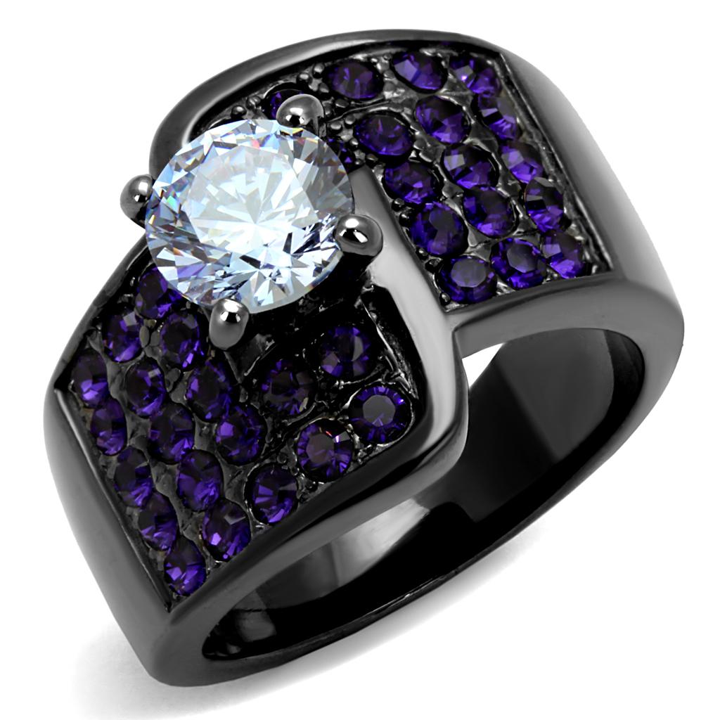 JCE2644 IP Light Black (IP Gun) Stainless Steel Ring with AAA Grade CZ in Light Amethyst