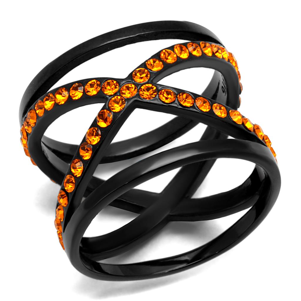 JCE2645 IP Black(Ion Plating) Stainless Steel Ring with Top Grade Crystal in Orange