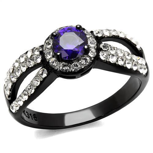 JCE2653 Two-Tone IP Black (Ion Plating) Stainless Steel Ring with AAA Grade CZ in Tanzanite