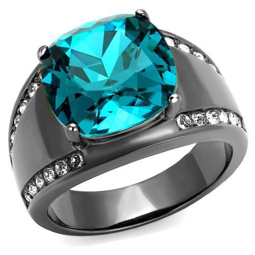 JCE2678 IP Light Black (IP Gun) Stainless Steel Ring with Top Grade Crystal in Blue Zircon