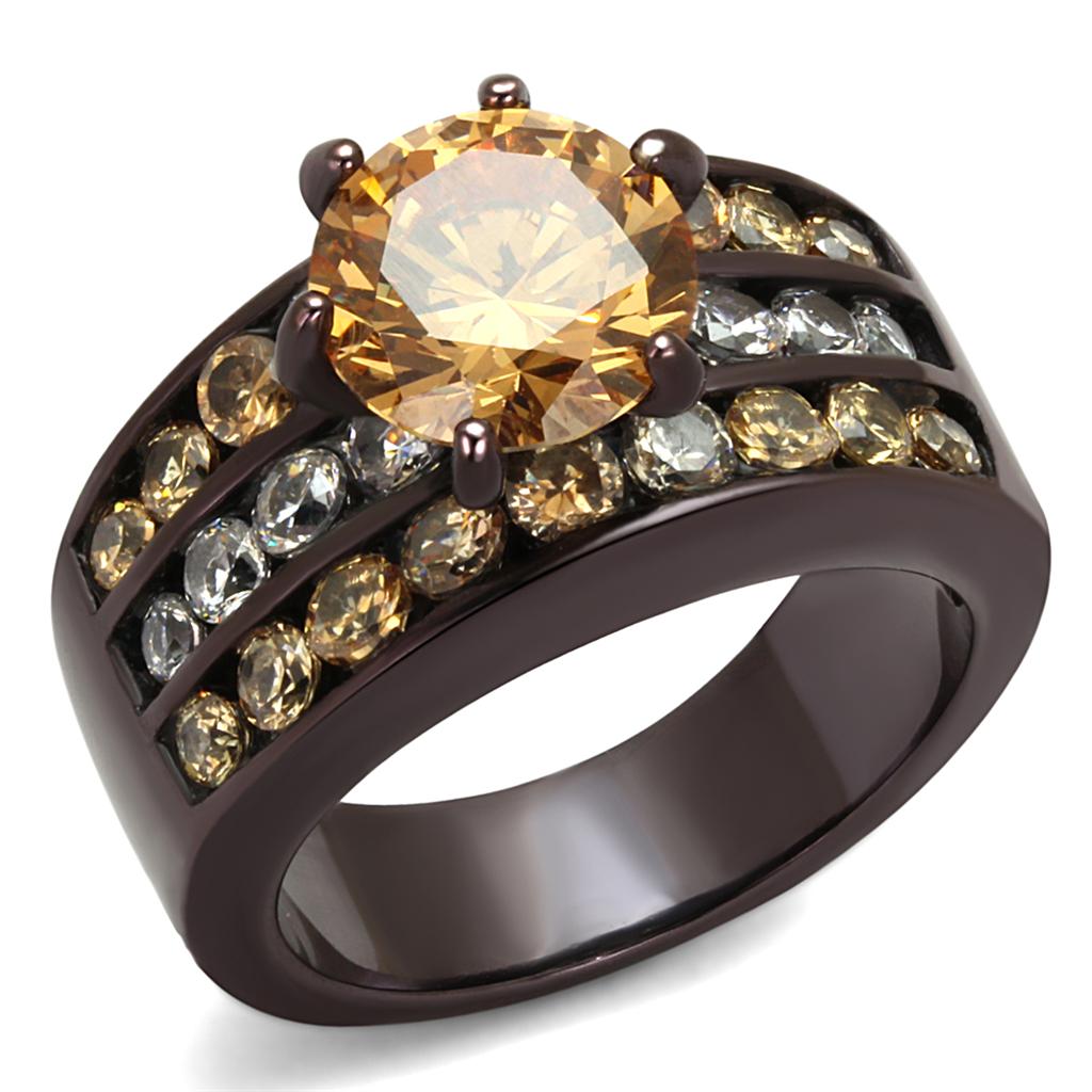 JCE2681 IP Dark Brown (IP coffee) Stainless Steel Ring with AAA Grade CZ in Champagne