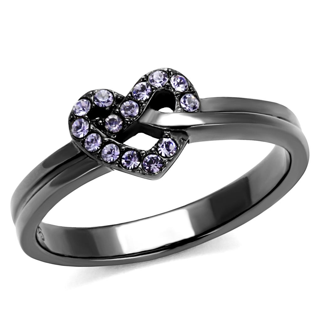 JCE2685 IP Light Black (IP Gun) Stainless Steel Ring with Top Grade Crystal in Light Amethyst