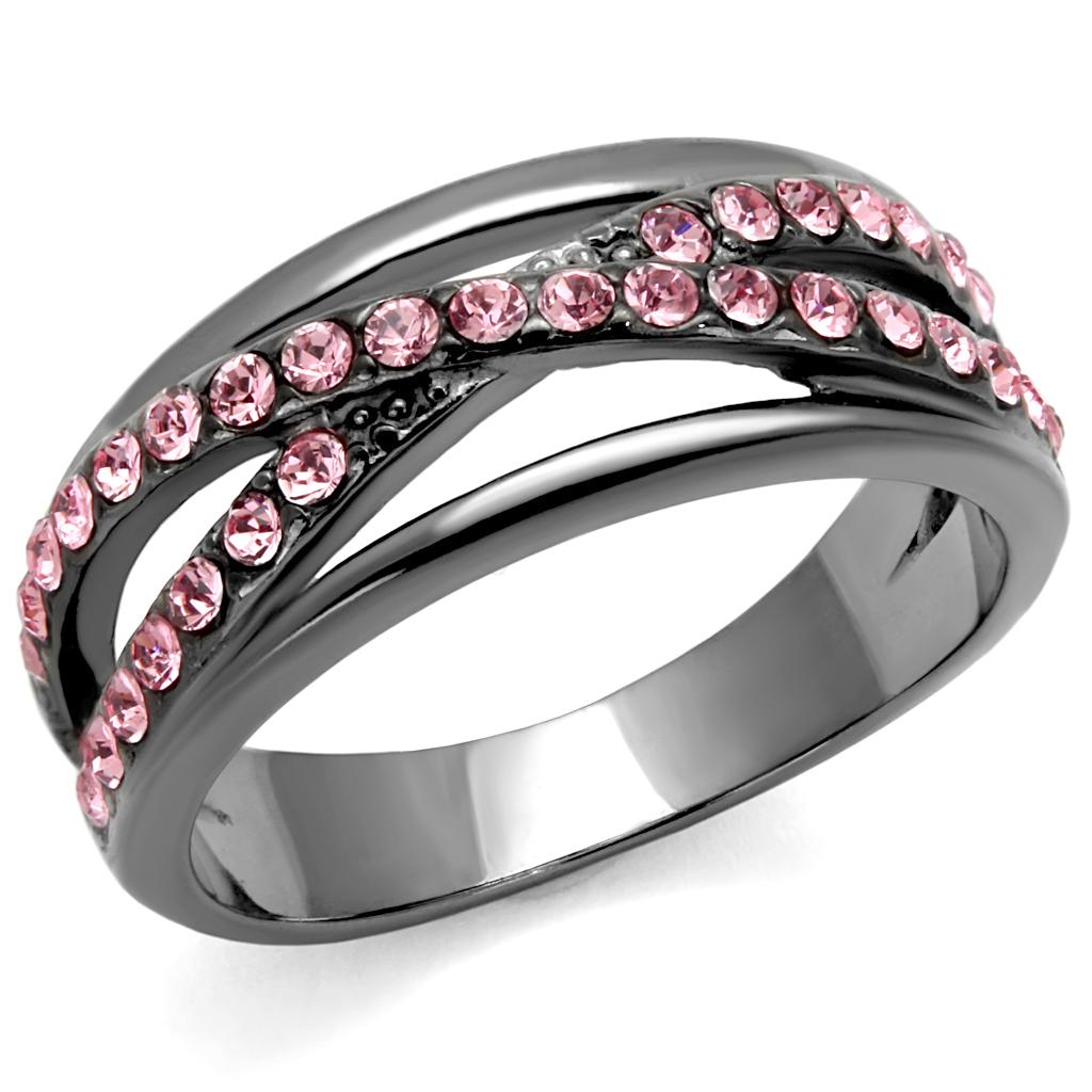 JCE2688 IP Light Black (IP Gun) Stainless Steel Ring with Top Grade Crystal in Light Peach
