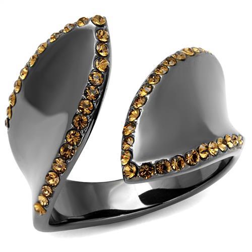 JCE2692 IP Light Black (IP Gun) Stainless Steel Ring with Top Grade Crystal in Smoked Quartz
