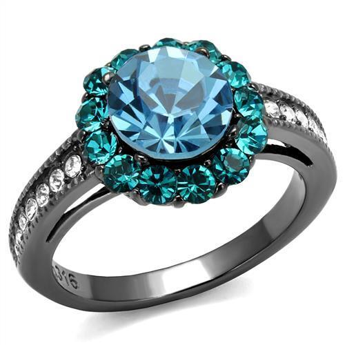 JCE2716 IP Light Black (IP Gun) Stainless Steel Ring with Top Grade Crystal in Sea Blue