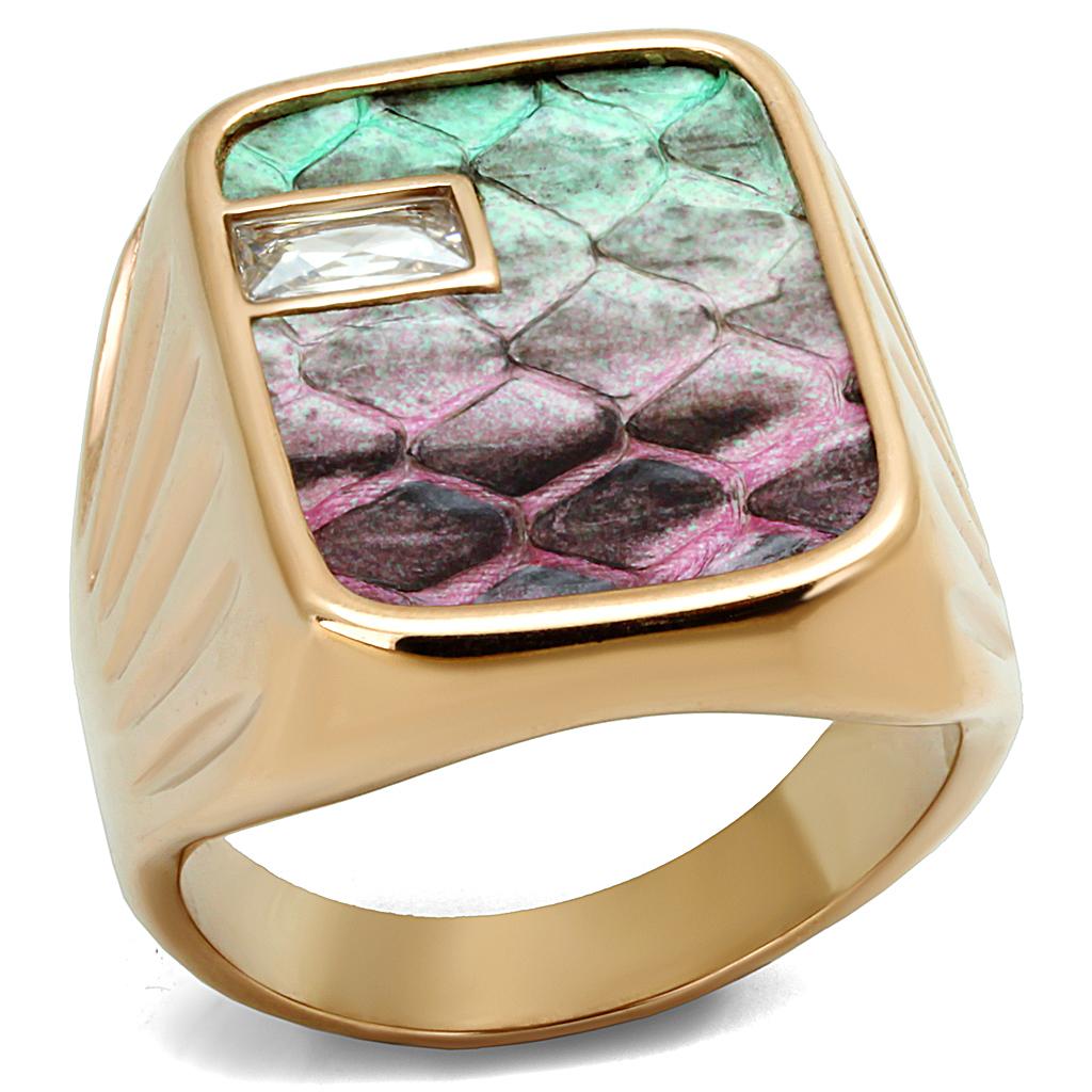 JCE2737 IP Rose Gold(Ion Plating) Stainless Steel Ring with Leather in Multi Color