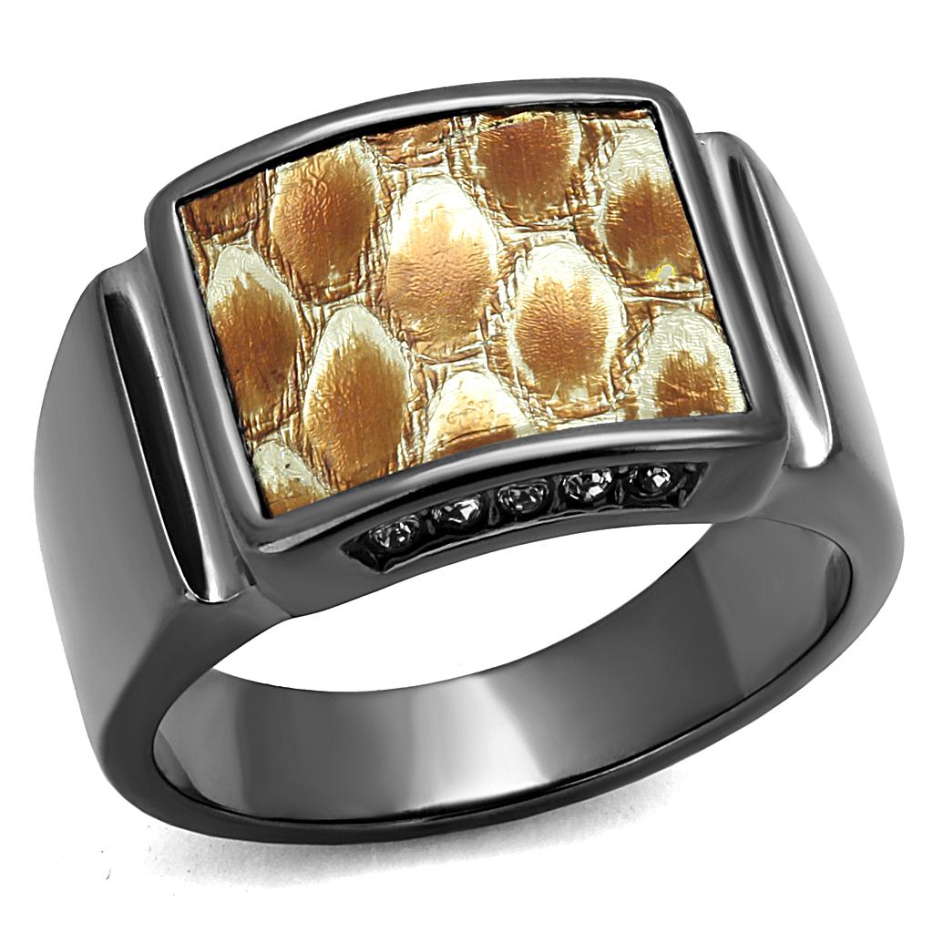 JCE2738 IP Light Black (IP Gun) Stainless Steel Ring with Leather in Brown