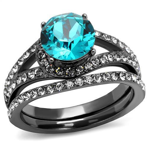 JCE2744 IP Light Black (IP Gun) Stainless Steel Ring with Top Grade Crystal in Blue Zircon