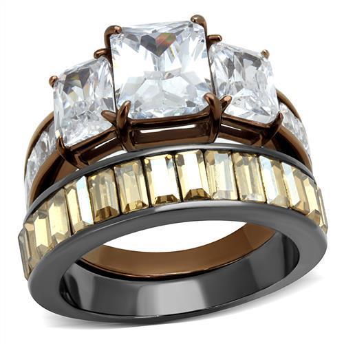 JCE2747 IP Light Black & IP Light coffee Stainless Steel Ring with AAA Grade CZ in Clear
