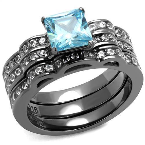 JCE2748 IP Light Black (IP Gun) Stainless Steel Ring with AAA Grade CZ in Sea Blue