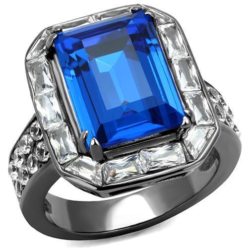 JCE2758 IP Light Black (IP Gun) Stainless Steel Ring with Top Grade Crystal in Capri Blue