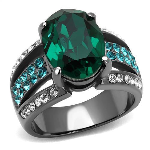 JCE2759 IP Light Black (IP Gun) Stainless Steel Ring with Top Grade Crystal in Emerald