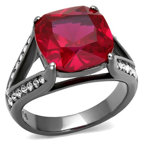 JCE2760 IP Light Black (IP Gun) Stainless Steel Ring with Synthetic Corundum in Ruby