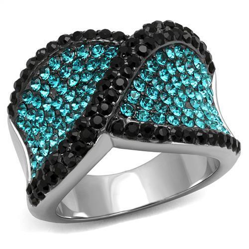 JCE2764 Two-Tone IP Black Stainless Steel Ring with Top Grade Crystal in Blue Zircon