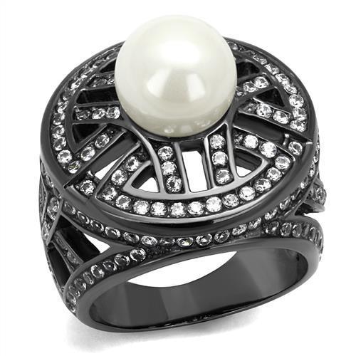 JCE2771 IP Light Black (IP Gun) Stainless Steel Ring with Synthetic Pearl in White