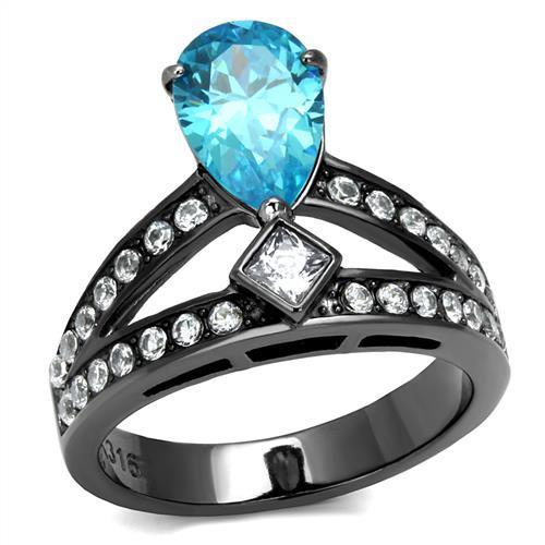 JCE2775 IP Light Black (IP Gun) Stainless Steel Ring with AAA Grade CZ in Sea Blue