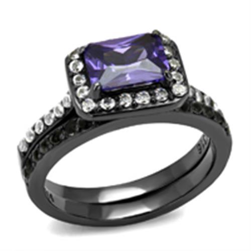 JCE2778 IP Light Black (IP Gun) Stainless Steel Ring with AAA Grade CZ in Tanzanite