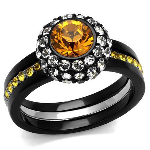 JCE2783 Two-Tone IP Black (Ion Plating) Stainless Steel Ring with Top Grade Crystal in Topaz