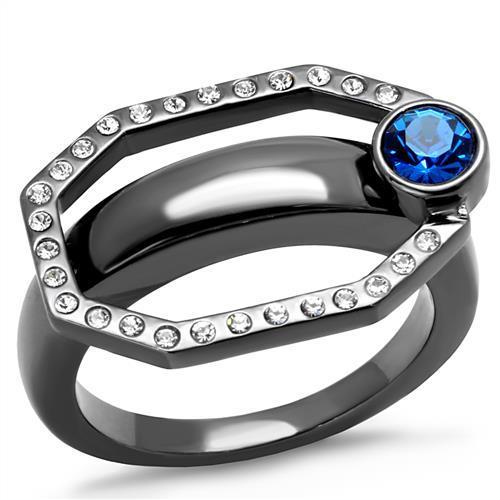 JCE2809 IP Light Black (IP Gun) Stainless Steel Ring with Top Grade Crystal in Capri Blue