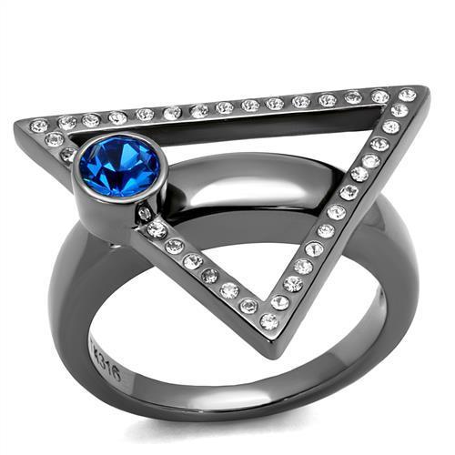 JCE2810 IP Light Black (IP Gun) Stainless Steel Ring with Top Grade Crystal in Capri Blue