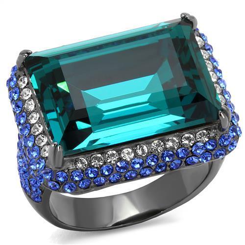 JCE2811 IP Light Black (IP Gun) Stainless Steel Ring with Top Grade Crystal in Blue Zircon