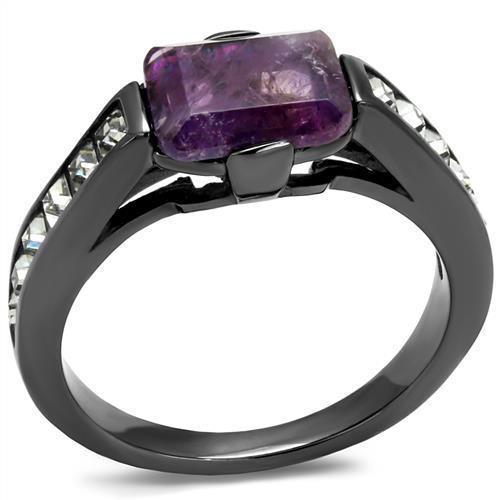 JCE2832 IP Light Black (IP Gun) Stainless Steel Ring with Precious Stone Amethyst Crystal in Amethyst