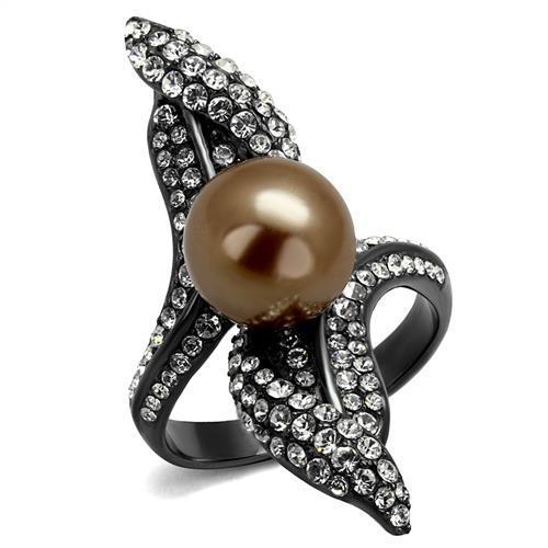 JCE2834 IP Light Black (IP Gun) Stainless Steel Ring with Synthetic Pearl in Brown
