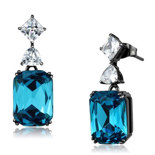 JCE2848 IP Light Black (IP Gun) Stainless Steel Earrings with Top Grade Crystal in Blue Zircon