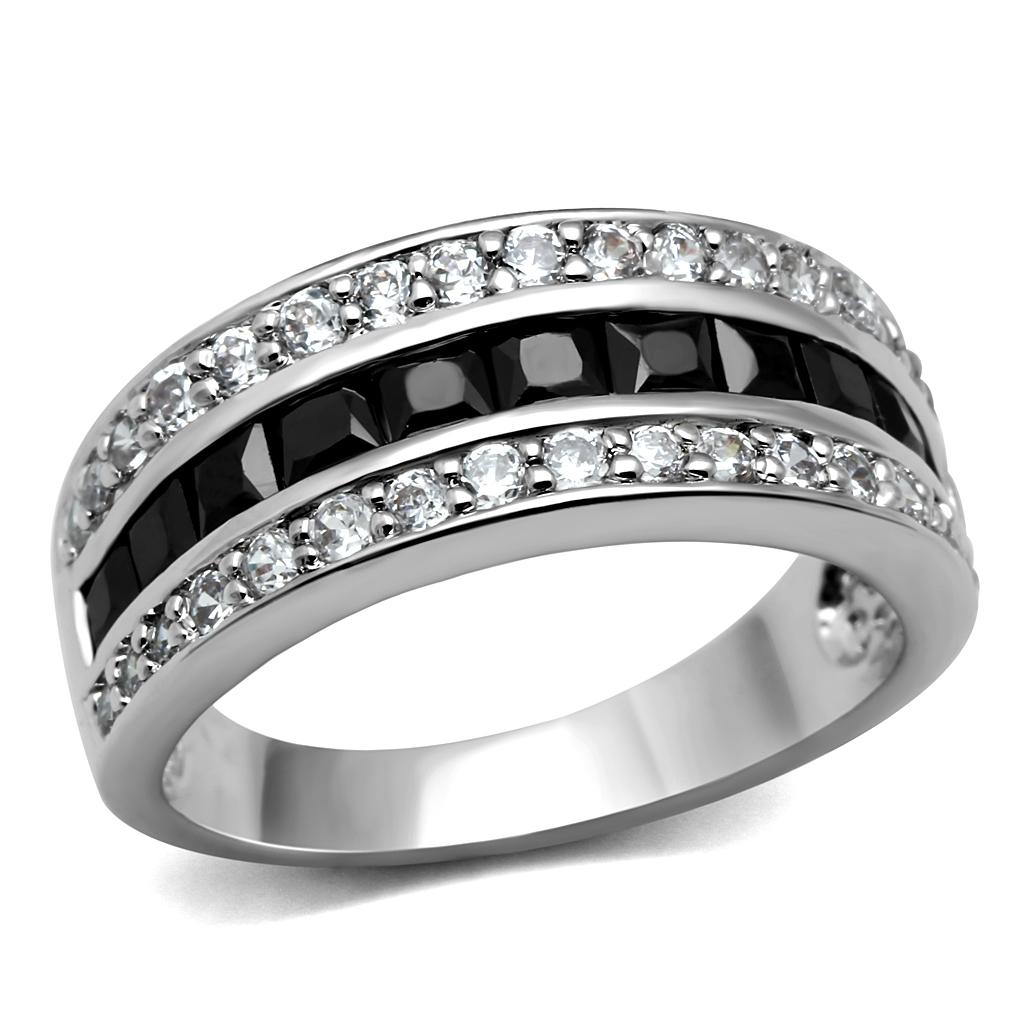 JCE2872 High polished (no plating) Stainless Steel Ring with AAA Grade CZ in Black Diamond