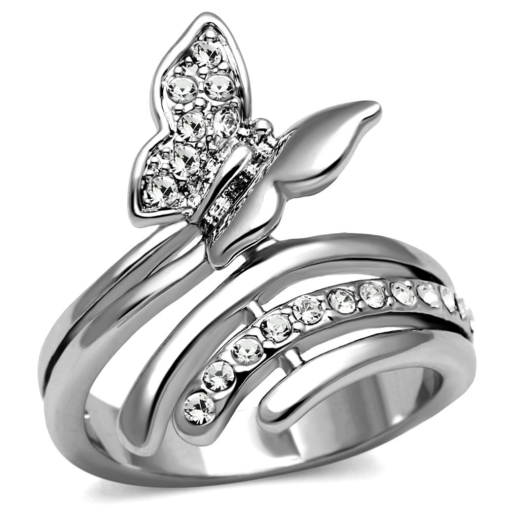 JCE2875 High polished (no plating) Stainless Steel Ring with AAA Grade CZ in Clear