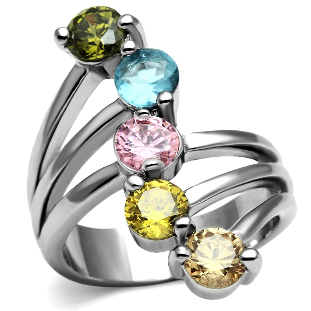 JCE2876 High polished (no plating) Stainless Steel Ring with AAA Grade CZ in Multi Color