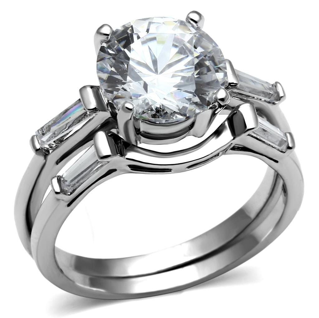 JCE2878 High polished (no plating) Stainless Steel Ring with AAA Grade CZ in Clear
