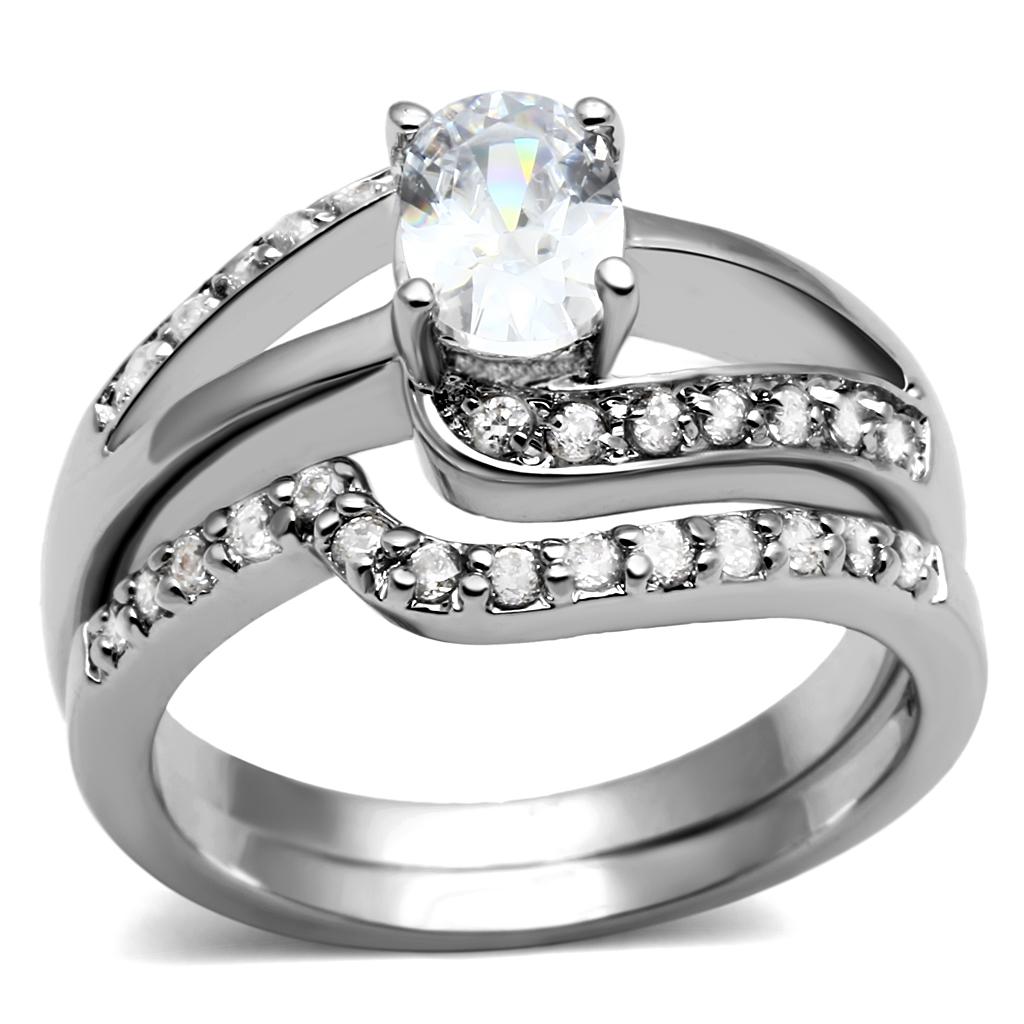 JCE2879 High polished (no plating) Stainless Steel Ring with AAA Grade CZ in Clear