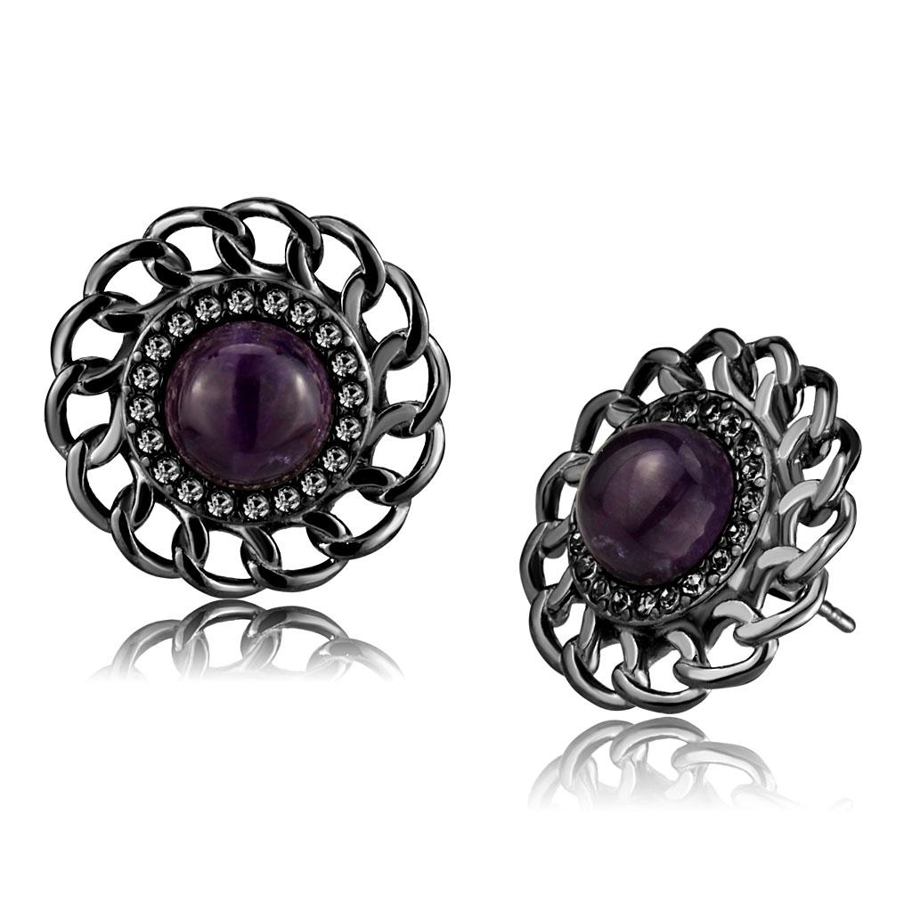 JCE2889 IP Light Black (IP Gun) Stainless Steel Earrings with Semi-Precious Amethyst Crystal in Amethyst