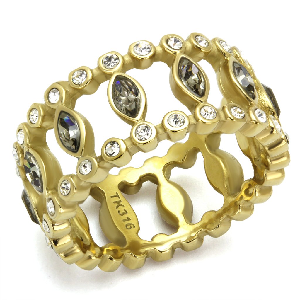 JCE2907 IP Gold(Ion Plating) Stainless Steel Ring with Top Grade Crystal in Black Diamond
