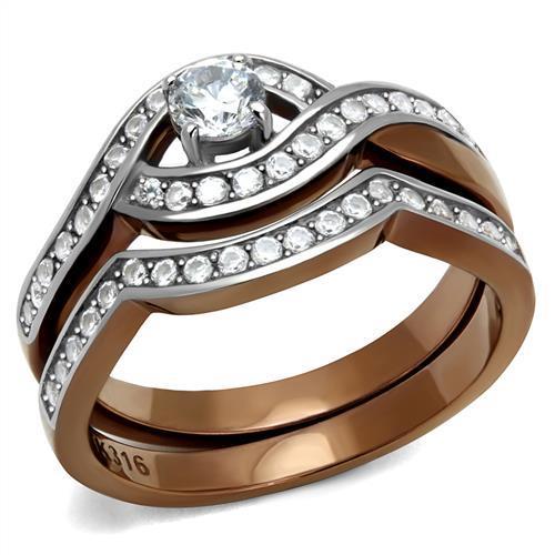 JCE2953 Two Tone IP Light Brown (IP Light coffee) Stainless Steel Ring with AAA Grade CZ in Clear